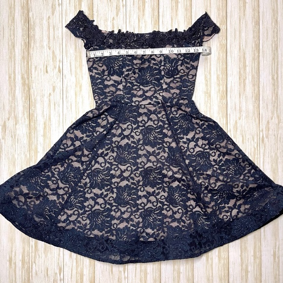 Sequin Hearts Off the Shoulder Navy Short Formal/cocktail Glitter Lace Dress 0 - Picture 6 of 9